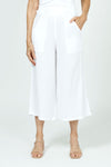 Organic Rags Gauze Pocket Crop in White. Pull on cotton gauze pant with 3/4" contoured flat front waistband, elastic back. Falls straight through the hip, thigh and leg. 2 front pockets. 22" inseam._t_35729899847880