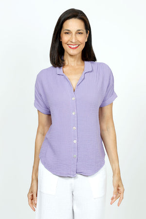 Organic Rags Gauze Button Down in Lilac. Pointed collar textured gauze button down shirt . Short cuffed sleeve. Shirt tail hem. Relaxed fit._35729863934152