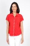 Elliott Lauren Button Front Tee in Poppy red. Garment tied cotton tee with pointed collar and button down front. Shirt tail hem. Relaxed fit._t_35286753018056