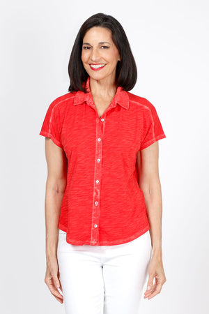 Elliott Lauren Button Front Tee in Poppy red. Garment tied cotton tee with pointed collar and button down front. Shirt tail hem. Relaxed fit._35286753018056
