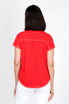 Elliott Lauren Button Front Tee in Poppy red. Garment tied cotton tee with pointed collar and button down front. Shirt tail hem. Relaxed fit._t_35286752985288