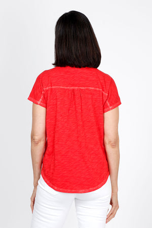 Elliott Lauren Button Front Tee in Poppy red. Garment tied cotton tee with pointed collar and button down front. Shirt tail hem. Relaxed fit._35286752985288