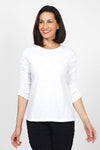 Elliott Lauren Ruched Sleeve Tee in White. Crew neck tee with ruching down the center of each sleeve. Straight hem. Relaxed fit._t_59611432812910