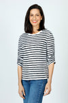 Elliott Lauren Striped Ruched Sleeve Tee in Black/White.  Relaxed fit crew neck tee with 3/4 sleeve ruched down the center.  White trim at neckline.  _t_59611373764974