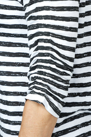 Elliott Lauren Striped Ruched Sleeve Tee in Black/White.  Relaxed fit crew neck tee with 3/4 sleeve ruched down the center.  White trim at neckline.  _59611373666670