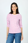 Elliott Lauren Striped Ruched Sleeve Tee in Fuschia/White.  Relaxed fit crew neck tee with 3/4 sleeve ruched down the center.  White trim at neckline. _t_59611373896046