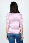 Elliott Lauren Striped Ruched Sleeve Tee in Fuschia/White.  Relaxed fit crew neck tee with 3/4 sleeve ruched down the center.  White trim at neckline. _t_59611374027118