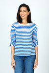 Elliott Lauren Striped Ruched Sleeve Tee in Marine/White.  Relaxed fit crew neck tee with 3/4 sleeve ruched down the center.  White trim at neckline. _t_59611373601134