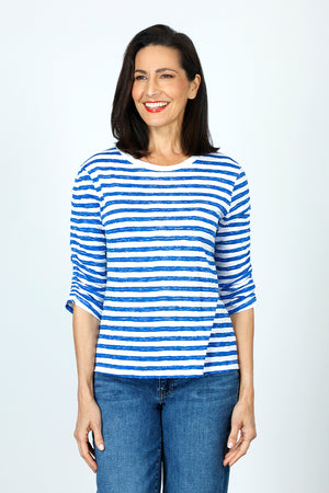 Elliott Lauren Striped Ruched Sleeve Tee in Marine/White.  Relaxed fit crew neck tee with 3/4 sleeve ruched down the center.  White trim at neckline. _59611373601134