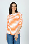 Elliott Lauren Striped Ruched Sleeve Tee in Orange/White.  Relaxed fit crew neck tee with 3/4 sleeve ruched down the center.  White trim at neckline. _t_59611373863278