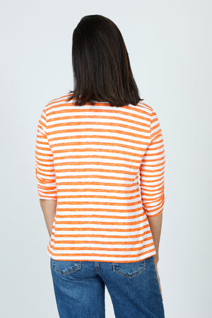 Elliott Lauren Striped Ruched Sleeve Tee in Orange/White.  Relaxed fit crew neck tee with 3/4 sleeve ruched down the center.  White trim at neckline. _59611373699438