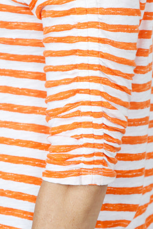 Elliott Lauren Striped Ruched Sleeve Tee in Orange/White.  Relaxed fit crew neck tee with 3/4 sleeve ruched down the center.  White trim at neckline. _59611373994350