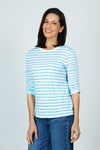 Elliott Lauren Striped Ruched Sleeve Tee in Turquoise/White.  Relaxed fit crew neck tee with 3/4 sleeve ruched down the center.  White trim at neckline.  _t_59611373732206