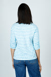 Elliott Lauren Striped Ruched Sleeve Tee in Turquoise/White.  Relaxed fit crew neck tee with 3/4 sleeve ruched down the center.  White trim at neckline. _t_59611373568366