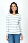 Elliott Lauren Paint Brush Stripe Tee in Chambray.  Brush stroke broad stripes in chambray and cream.  Slub cotton crew neck tee with long sleeves.  Center back seam.  Raw edges.  Relaxed fit._t_59799267508590