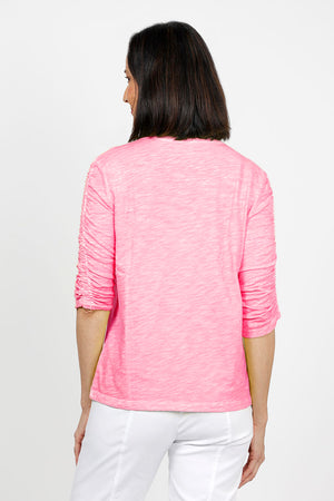 Elliott Lauren Ruched Sleeve Tee in Azalea Pink. Crew neck tee with ruching down the center of each sleeve. Straight hem. Relaxed fit._59622209421678