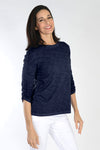 Elliott Lauren Ruched Sleeve Tee in Navy. Crew neck tee with ruching down the center of each sleeve. Straight hem. Relaxed fit._t_59622209388910