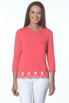 E.L.I. Embroidered Trim Top in Blossom Pink/White.  Pima/spandex crew neck 3/4 sleeve top with laser cut outs above hem.  Scroll embroidery at hem.  Scalloped and pointed hem.  Relaxed fit._t_59594653401454