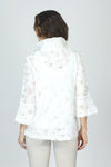 Frederique Sheer Floral Jacket in White. Adjustable wire collar a line jacket. Floral appliques sewn together, with mesh. 3/4 sleeve with tulip sleeve. Relaed fit._t_59688112161134