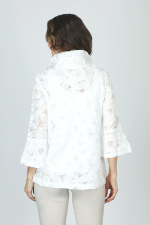 Frederique Sheer Floral Jacket in White. Adjustable wire collar a line jacket. Floral appliques sewn together, with mesh. 3/4 sleeve with tulip sleeve. Relaed fit._59688112161134