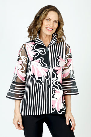 Frederique Petals Soutache Jacket in Pink. White satin ribbon stripes and pink soutache ribbon petals on black mesh.  Adjustable wire collar button down jacket.  3/4 sleeve with tulip cuff.  Relaxed fit._59662702805358