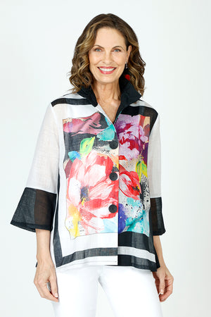 Frederique Framed Flowers Jacket in Black Multi.  Central multi colored floral print in front and back framed by black and white.  Adjustable collar button down lightweight jacket.  3/4 sleeve with tulip hem in black.  Relaxed fit._59875299787118