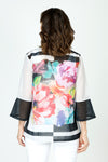 Frederique Framed Flowers Jacket in Black Multi.  Central multi colored floral print in front and back framed by black and white.  Adjustable collar button down lightweight jacket.  3/4 sleeve with tulip hem in black.  Relaxed fit._t_59875299819886