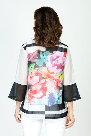 Frederique Framed Flowers Jacket in Black Multi.  Central multi colored floral print in front and back framed by black and white.  Adjustable collar button down lightweight jacket.  3/4 sleeve with tulip hem in black.  Relaxed fit._59875299819886