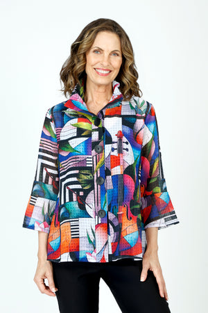 Frederique Musical Collage Jacket in Multi.  Adjustable wire collar button down jacket.  3/4 sleeve with tulip hem.  Abstract screen print with musical instruments. A line shape.  Relaxed fit._59570271125870