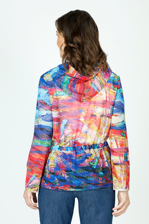 Frederique Abstract Painting Hoodie in multi.  Painted mesh jacket with zip front and attached hood.  Drawstring waist.  Relaxed fit._59851241488750