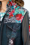 Frederique Denim Rose Twinset in Denim Multi.  2 piece twinset with jersey tank and mesh zip front jacket.  Tank features a black and white antique print with bright multi colored rose print. Jacket is printed with jean jacket detail with rose print inset on back.  Jacket has adjustable wire collar and long sleeves.  Relaxed fit.  _t_59688373158254