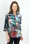 Frederique Shadow Dots Jacket.  Black and white print with multi colored abstract geometric screenn print.  Adjustable wire collar button down lightweight chiffon mesh.  3/4 sleeve with bell hem.  A line shape.  Relaxed fit._t_52941416235374