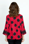 Frederique Dots & Squiggles Jacket in Red with black dots and squiggles. Spread collar with adjustable wire. 3/4 sleeve with tulip hem. 4 novelty button clowure. Squiggle print on inner collar, button placket and sleeve cuff. Relaxed fit._t_35989252636872