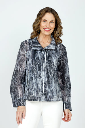 Frederique Lightweight Printed Biker Jacket in Black & White.  Pointed convertible collar zip front jacket with covered placket.  Long sleeves with cuffs.  Straight hem.  Relaxed fit._59570320081262