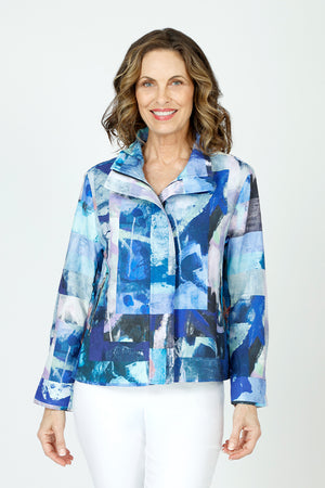 Frederique Abstract Modern Biker Jacket in Blue.  Convertible collar zip front jacket with hidden zipper.  Long sleeves with split cuffs.  Front welt pockets. Relaxed fit._59588660756846