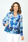 Frederique Abstract Modern Biker Jacket in Blue.  Convertible collar zip front jacket with hidden zipper.  Long sleeves with split cuffs.  Front welt pockets. Relaxed fit._t_59588660789614