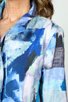 Frederique Abstract Modern Biker Jacket in Blue.  Convertible collar zip front jacket with hidden zipper.  Long sleeves with split cuffs.  Front welt pockets. Relaxed fit._t_59588660822382