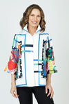 Frederique Gallery Walls Jacket in White Multi. White jacket with blue frames and multi abstract panels. Adjustable wire collar button jacket.  3/4 sleeve with tulip cuff.  Relaxed fit._t_59875487547758