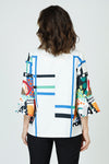 Frederique Gallery Walls Jacket in White Multi. White jacket with blue frames and multi abstract panels. Adjustable wire collar button jacket.  3/4 sleeve with tulip cuff.  Relaxed fit._t_59875487711598