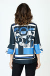 Frederique Abstract Art Frame Jacket in Black/Blue.  Framed abstract print in front and back in royal, black and white.  Black background.  Lightly textured button front jacket with adjustable wire collar.  3/4 sleeve with printed tulip hem.  A line shape.  Relaxed fit._t_59687991640430