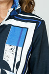 Frederique Abstract Art Frame Jacket in Black/Blue.  Framed abstract print in front and back in royal, black and white.  Black background.  Lightly textured button front jacket with adjustable wire collar.  3/4 sleeve with printed tulip hem.  A line shape.  Relaxed fit._t_59687991705966