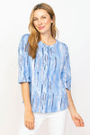 Habitat Prints Elbow Sleeve Tee in Cornflower blue.  Screen print vertical brush print in shades of blue and white.  Crew neck elbow sleeve top.  Curved hem. A line shape.  Relaxed fit._t_35537339973832