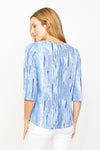 Habitat Prints Elbow Sleeve Tee in Cornflower blue. Screen print vertical brush print in shades of blue and white. Crew neck elbow sleeve top. Curved hem. A line shape. Relaxed fit._t_35537339941064