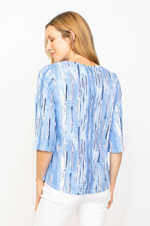 Habitat Prints Elbow Sleeve Tee in Cornflower blue. Screen print vertical brush print in shades of blue and white. Crew neck elbow sleeve top. Curved hem. A line shape. Relaxed fit._35537339941064