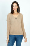 Organic Rags Star Sweater in Caramel.  Textured v neck with metallic thread and single sequin star in front.  Long sleeves.  Dropped shoulders.  Rib trim at hem and cuff.  Relaxed fit._t_52915069944174