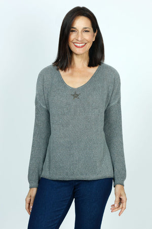 Organic Rags Star Sweater in Gray.  Textured v neck with metallic thread and single sequin star in front.  Long sleeves.  Dropped shoulders.  Rib trim at hem and cuff.  Relaxed fit._52915069878638