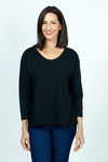 Organic Rags Embossed Heart Top in Black.  V neck with double placket.  3/4 sleeve with single embroidered heart at left cuff.  A line shape.  Relaxed fit._t_52915063292270