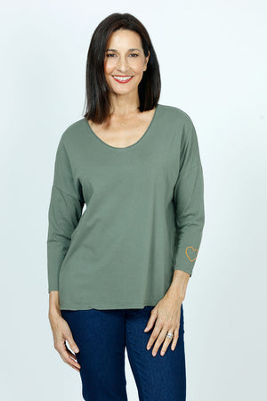 Organic Rags Embossed Heart Top in Olive.  V neck with double placket.  3/4 sleeve with single embroidered heart at left cuff.  A line shape.  Relaxed fit._52915063456110