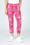 Organic Rags Layered Leaves Print Crop in Hot Pink.  Large layered leaves in gray and white on a pink background.  Elastic waist pull on pant with 2 front slash pockets and 2 rear patch pockets.  Lightly crinkled fabric.  24" inseam.  _t_59675062075758