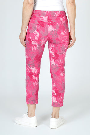 Organic Rags Layered Leaves Print Crop in Hot Pink.  Large layered leaves in gray and white on a pink background.  Elastic waist pull on pant with 2 front slash pockets and 2 rear patch pockets.  Lightly crinkled fabric.  24" inseam.  _59675061584238